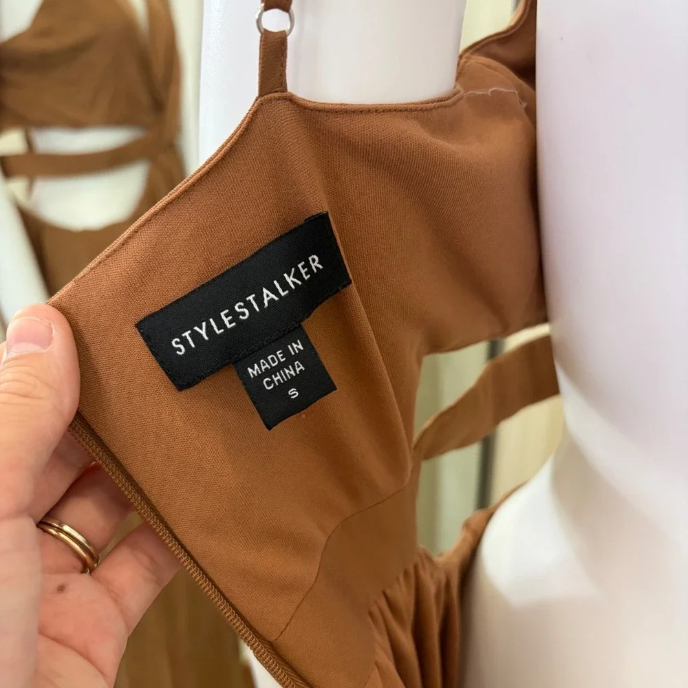 Stylestalker Rust Brown Cut Out Maxi Dress V-Neck High Slit Open Back Small